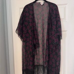 LuLaRoe Black Floral Sheer Cape with Fringe